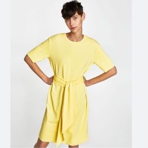 Zara belted linen yellow midi dress NWT